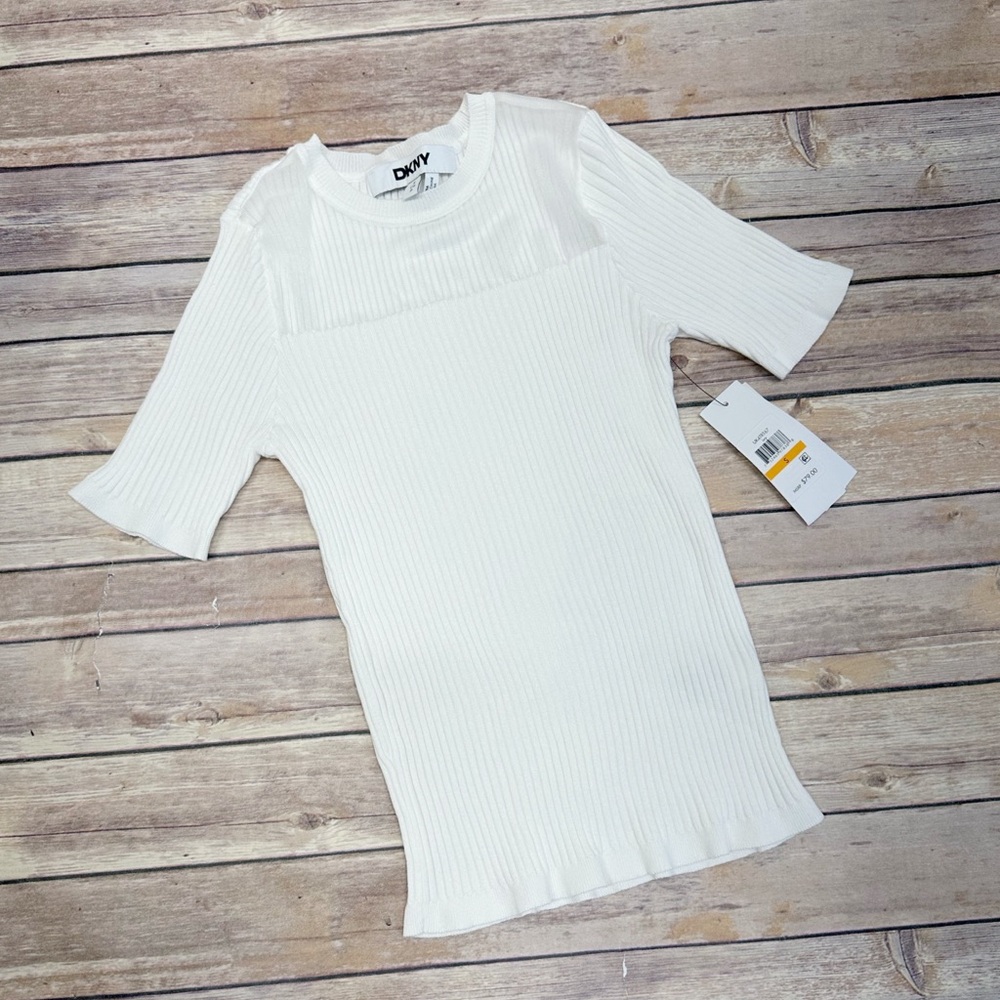 DKNY Women’s Mesh-Trim Ribbed Knit Short Sleeve Crew Neck Sweater Ivory S